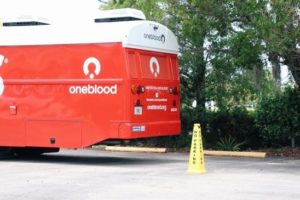 The One Blood mobile blood donation bus at Viles and Beckman in Fort Myers Florida