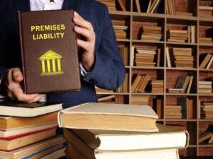 A man in a suit holding a book that says “premises liability” on the cover.